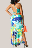 Red Fashion Sexy Print Backless Slit Spaghetti Strap Sleeveless Dress