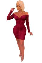 Wine Red Polyester Fashion Celebrities Sexy Off The Shoulder Long Sleeves One word collar Step Skirt Mini Mes