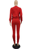 Rose Red Casual Solid Pocket O Neck Long Sleeve Two Pieces