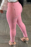Pink Casual Solid Ripped Skinny Mid Waist Pencil Bottoms
