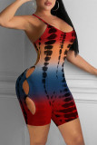 Red Fashion Sexy Print Hollowed Out Backless Spaghetti Strap Skinny Romper