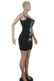 Black Casual Spaghetti Strap Sleeveless Slip A-Line Mini Print Character Dresses
