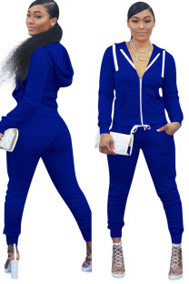 Royal blue Polyester Casual Two Piece Suits Solid Patchwork pencil Long Sleeve Two-piece Pants Set