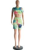 Multi-color Polyester Sexy Fashion Patchwork Tie Dye Print pencil Short Sleeve Two-Piece Short Set