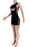 Dark Blue adult Sexy Fashion Ma'am Tank Sleeveless V Neck Pencil Dress Mini Character Print hollow o