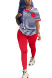 Red Milk Silk Fashion Active adult Ma'am Striped Two Piece Suits pencil Short Sleeve Two Pieces