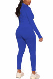Blue Fashion Sportswear Adult Polyester Solid Split Joint O Neck Long Sleeve Regular Sleeve Regular Two Pieces