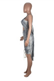 White Fashion Sexy Print Hollowed Out Backless Strap Design Sleeveless Dress