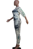 Grey Fashion adult Ma'am Street Patchwork Print Two Piece Suits Straight Half Sleeve Two Pieces