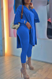 Blue Elegant Solid Slit O Neck Long Sleeve Two Pieces