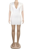 White Sexy Fashion Tank Sleeveless V Neck Hip skirt Mini Patchwork tassel Solid Club Dresses