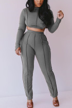 Grey Fashion Adult Elegant Polyester Solid Hollowed Out O Neck Long Sleeve Regular Sleeve Short Two Pieces