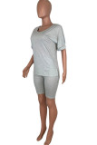 Grey Fashion Casual adult Ma'am Patchwork Solid asymmetrical Two Piece Suits pencil Short Sleeve Two Pieces