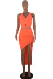 Coffee Sexy Casual Solid Asymmetrical V Neck Sleeveless Two Pieces