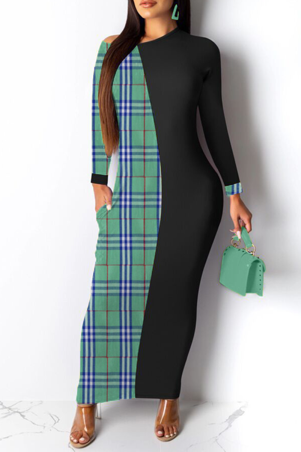 Green Casual Plaid Patchwork O Neck Straight Dresses
