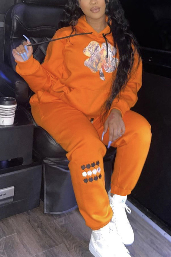 Orange Casual Sportswear Print Patchwork Hooded Collar Long Sleeve Two Pieces