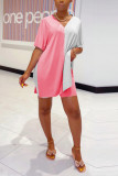 Pink gray knit Sexy Patchwork Solid backless Straight Short Sleeve Two Pieces