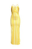 Yellow Fashion Sexy Striped Print Backless Spaghetti Strap Sling Dress