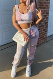 Pink Fashion Casual Print Basic U Neck Sleeveless Two Pieces