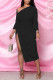 Black Sexy Casual Solid Slit Oblique Collar Long Sleeve Dresses