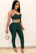 Green Polyester adult Sexy Fashion Two Piece Suits Patchwork diamonds Solid pencil Sleeveless