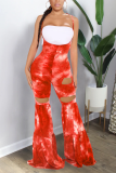 Red Casual Patchwork Tie-dye Spaghetti Strap Boot Cut Jumpsuits