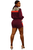 Wine Red Polyester Fashion adult Casual Leopard Print Two Piece Suits Patchwork pencil Long Sleeve