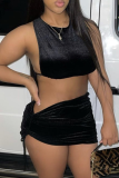 Black Sexy Solid Bandage O Neck Sleeveless Two Pieces