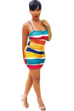 Multi-color Polyester Sexy Fashion Spaghetti Strap Sleeveless Slip A-Line Mini Draped Patchwork Print Club Dres