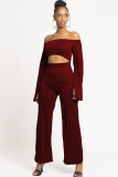 Maroon Sexy Patchwork Solid Ruffled Polyester Long Sleeve one word collar Jumpsuits