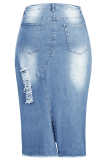 Blue Casual Patchwork Tassel Straight Mid Waist Straight Patchwork Bottoms