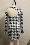 Black Sexy Print Patchwork Oblique Collar Wrapped Skirt Dresses