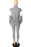 Grey Casual Striped Print Zippered Split Joint Mandarin Collar Long Sleeve Two Pieces