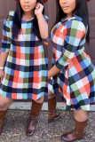 Multi-color Fashion Casual Plaid Print Split Joint O Neck Long Sleeve Dress