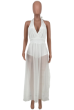 White Sexy Solid See-through Halter Mesh Dress