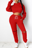 Red Fashion Street Adult Polyester Solid Split Joint Hooded Collar Long Sleeve Regular Sleeve Short Two Pieces