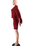 Red Sexy Adult Pit Article Fabrics Solid Fold O Neck Long Sleeve Regular Sleeve Short Two Pieces