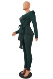 Dark green Polyester Celebrities Fashion adult Stringy selvedge Patchwork Two Piece Suits ruffle Solid pencil L