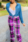 Green Fashion Casual Plaid Print Basic Regular High Waist Trousers