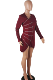 Red Sexy Solid Patchwork Zipper Collar Irregular Dress Dresses