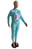 Light Blue Fashion Casual Print Basic O Neck Long Sleeve Two Pieces