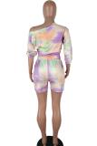 purple Polyester Casual Fashion Two Piece Suits asymmetrical Tie Dye crop top Regular