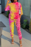 Yellow Elegant Tie Dye O Neck Half Sleeve Two Pieces