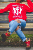 Red Casual Print O Neck Tops