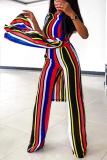 Multi-color Casual Fashion asymmetrical Striped Bandage Two-piece Pants Set