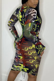 Multicolor Sexy Print Bandage O Neck Irregular Dress Dresses