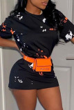 Yellow Fashion Casual Print Basic O Neck Short Sleeve T-shirt Dress