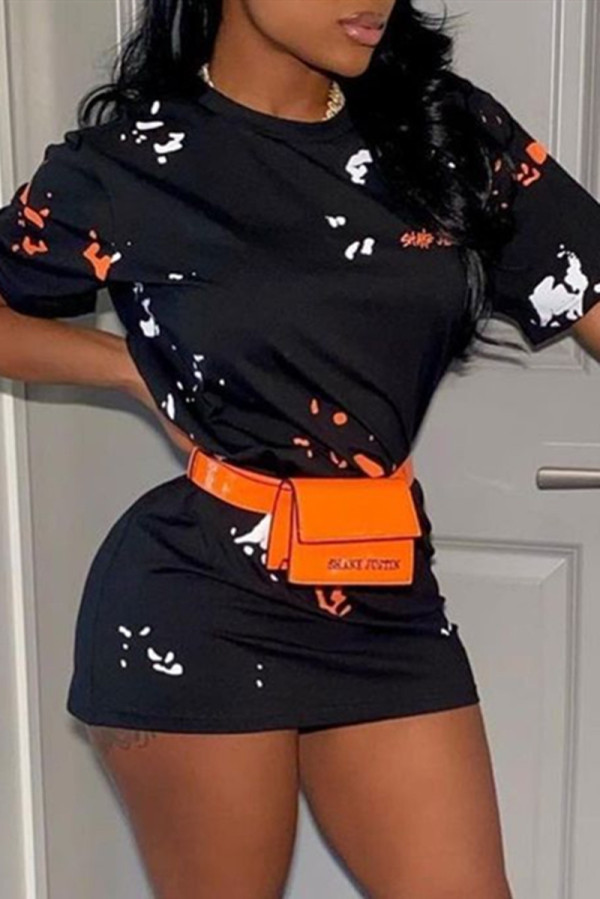 Black Fashion Casual Print Basic O Neck Short Sleeve T-shirt Dress