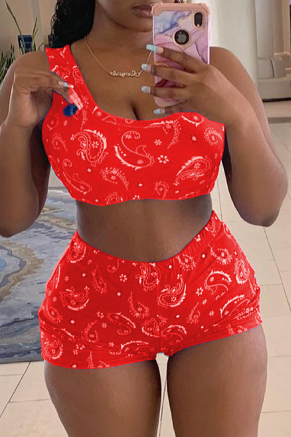 Red Sexy Print Patchwork One Shoulder Sleeveless Two Pieces
