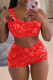Red Sexy Print Patchwork One Shoulder Sleeveless Two Pieces